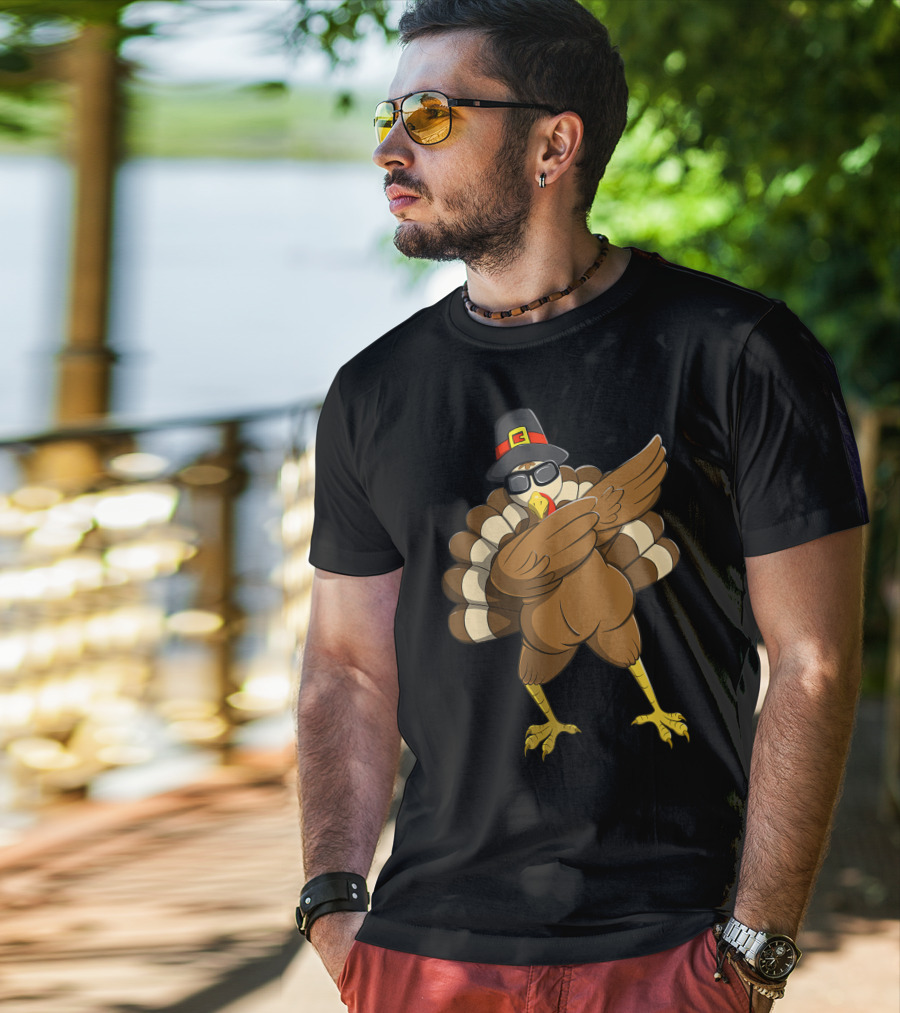 Happy Thanksgiving Day Family Funny Dab Turkey With Pilgrim Hat T-Shirt