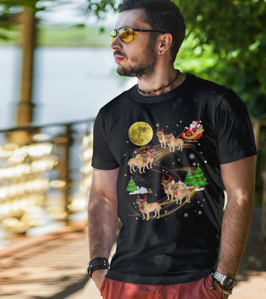 Puggle Reindeer Christmas Santa Sleigh Full Moon Holiday Scene T-Shirt