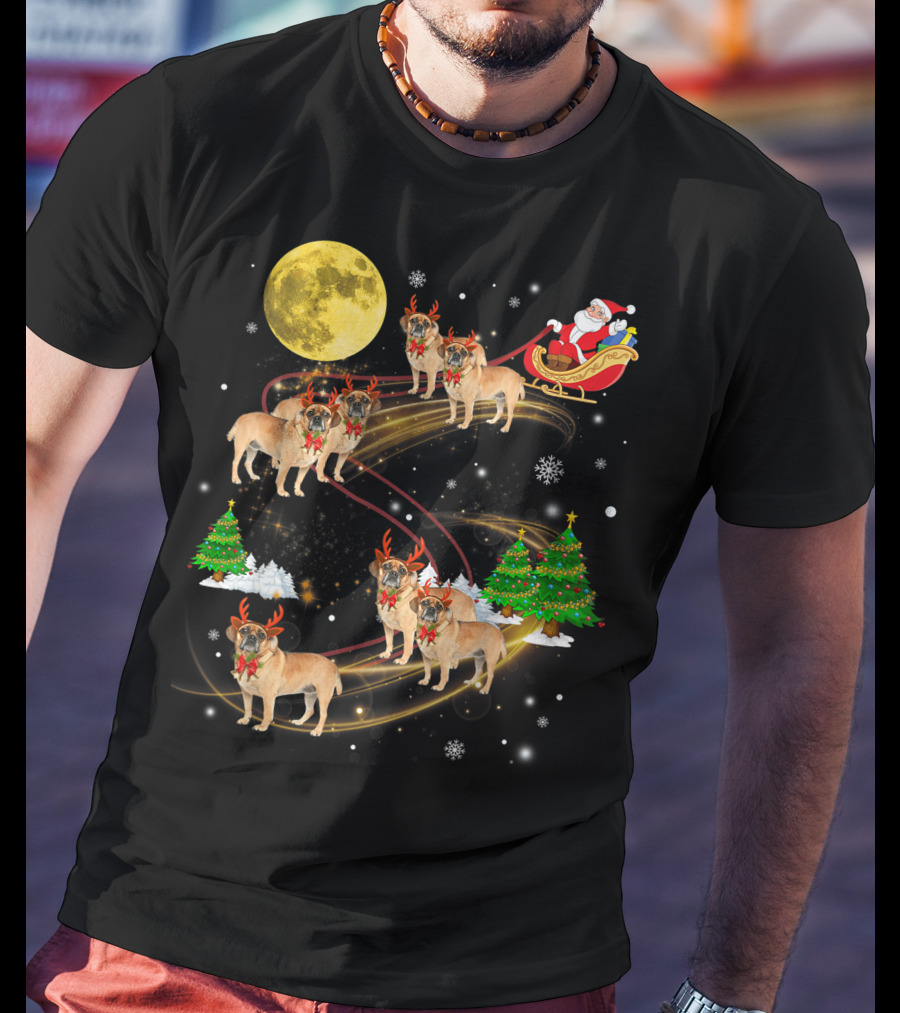 Puggle Reindeer Christmas Santa Sleigh Full Moon Holiday Scene T-Shirt