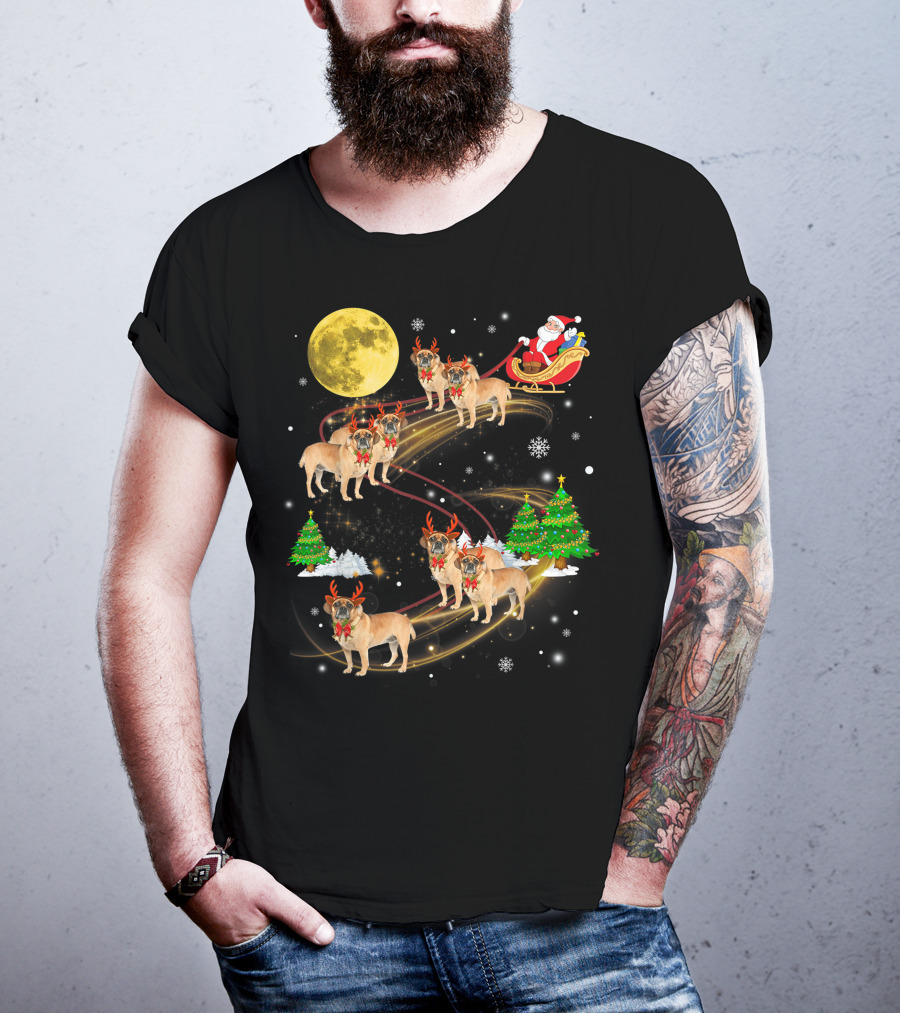 Puggle Reindeer Christmas Santa Sleigh Full Moon Holiday Scene T-Shirt