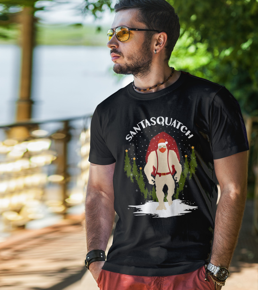 Santasquatch Bigfoot Christmas Santa Hat With Trees And Snowflakes T-Shirt