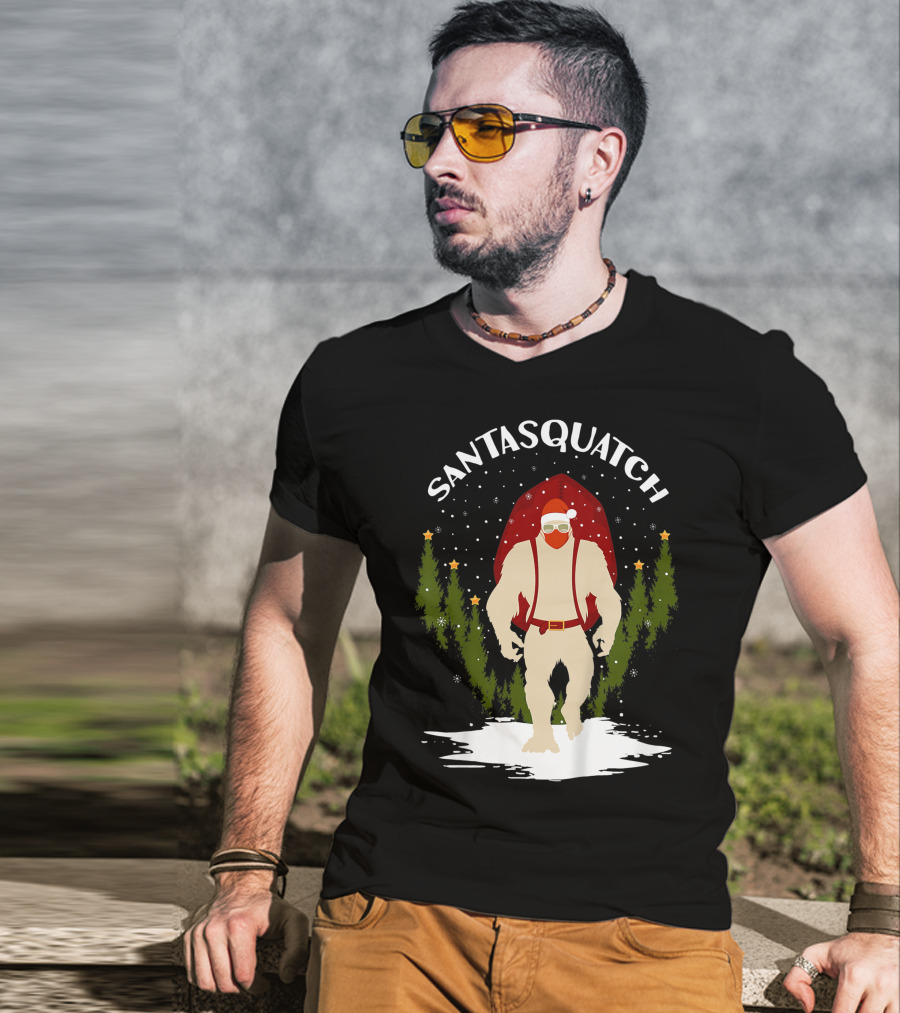 Santasquatch Bigfoot Christmas Santa Hat With Trees And Snowflakes T-Shirt