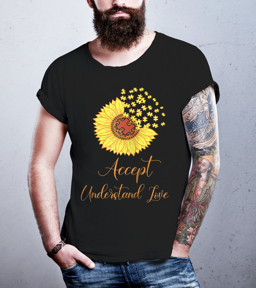 Sunflower Autism Awareness Month Accept Understand Love Puzzle Piece T-Shirt