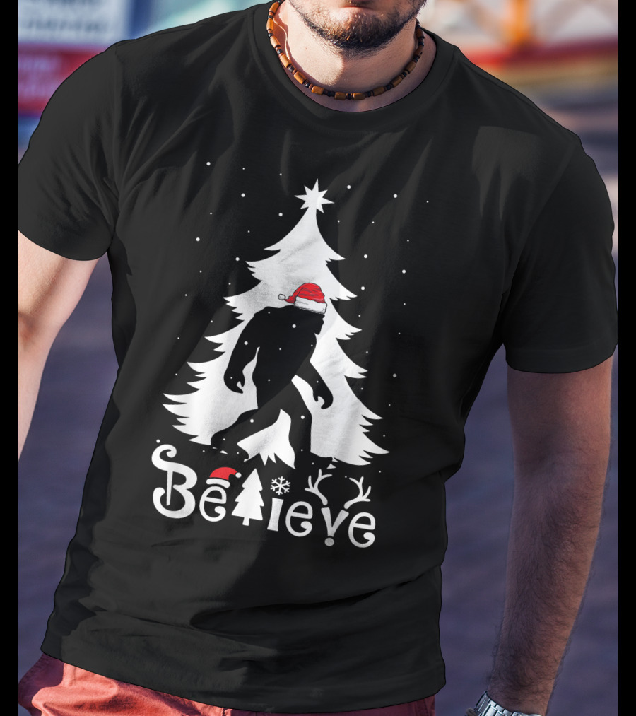 Believe Bigfoot Christmas Santa Hat Snowflakes T-Shirt