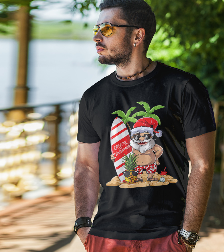 Merry Christmas Santa Hawaiian Surfing Summer Fun Pineapple Beach T-Shirt