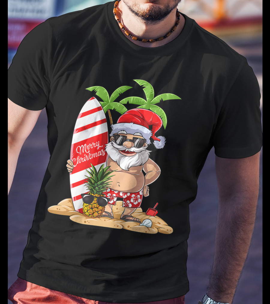Merry Christmas Santa Hawaiian Surfing Summer Fun Pineapple Beach T-Shirt
