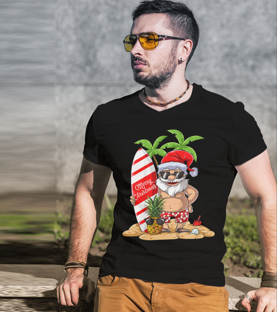 Merry Christmas Santa Hawaiian Surfing Summer Fun Pineapple Beach T-Shirt