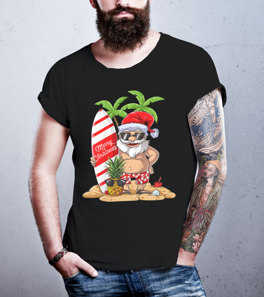 Merry Christmas Santa Hawaiian Surfing Summer Fun Pineapple Beach T-Shirt