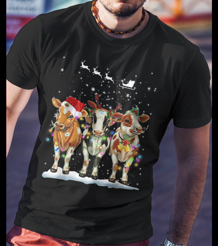 Cow Reindeer Hat Santa Christmas Light Sleigh Snowflakes T-Shirt