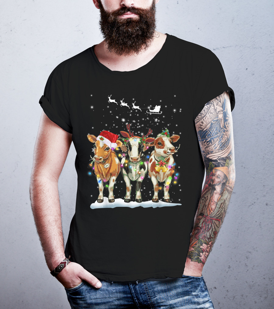 Cow Reindeer Hat Santa Christmas Light Sleigh Snowflakes T-Shirt