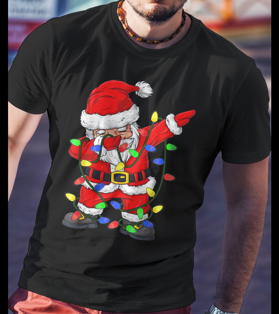 Dabbing Santa Claus Wrapped In Christmas Tree Lights T-Shirt