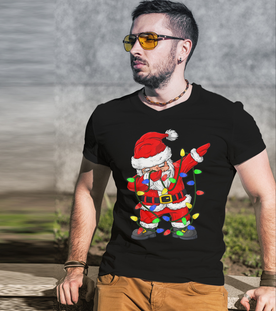 Dabbing Santa Claus Wrapped In Christmas Tree Lights T-Shirt