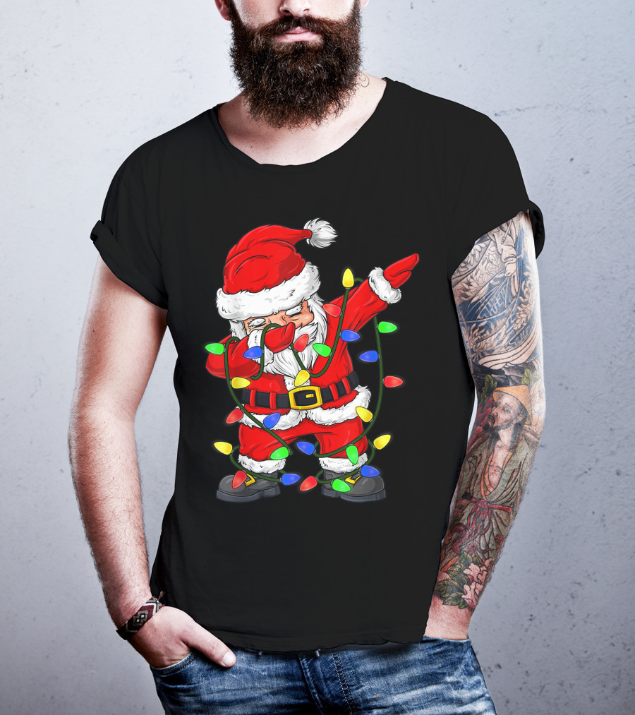 Dabbing Santa Claus Wrapped In Christmas Tree Lights T-Shirt