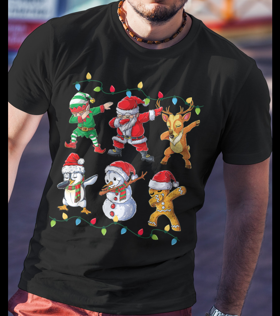 Dabbing Santa Claus Elf Reindeer Penguin Snowman Gingerbread Friends Christmas Lights T-Shirt