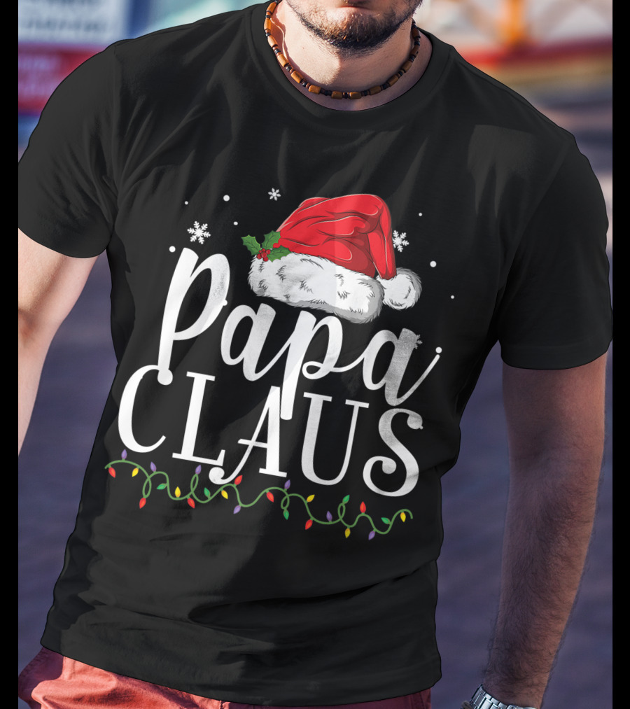 Papa Claus Christmas Hat Snowflakes Lights T-Shirt