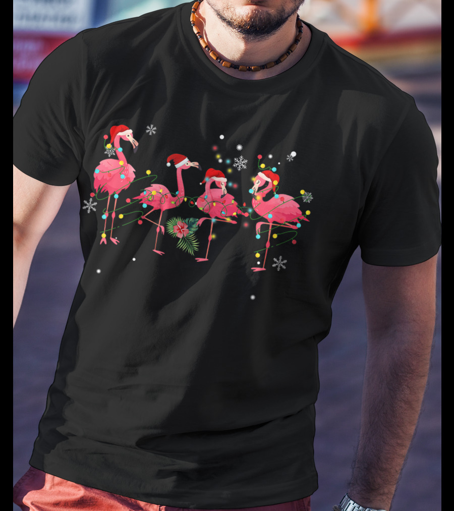 Pink Flamingo Christmas Lights And Snowflakes Fiesta T-Shirt
