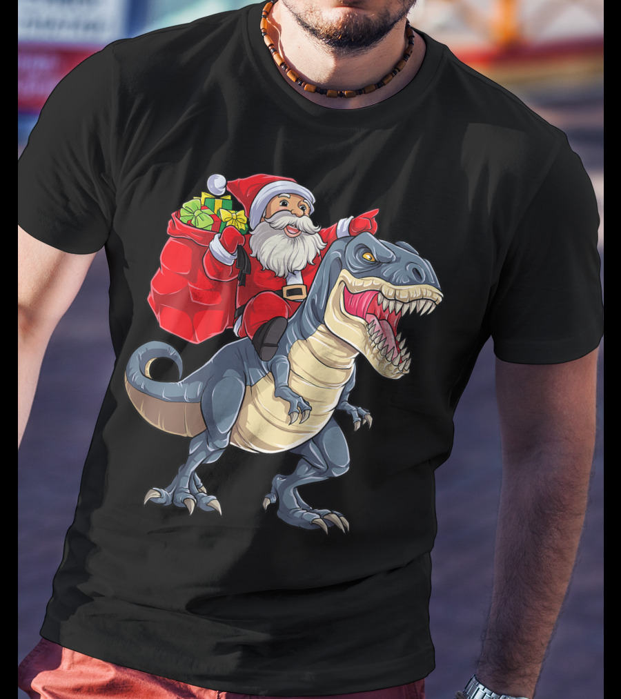 Santa Claus Riding T-Rex With Gifts T-Shirt