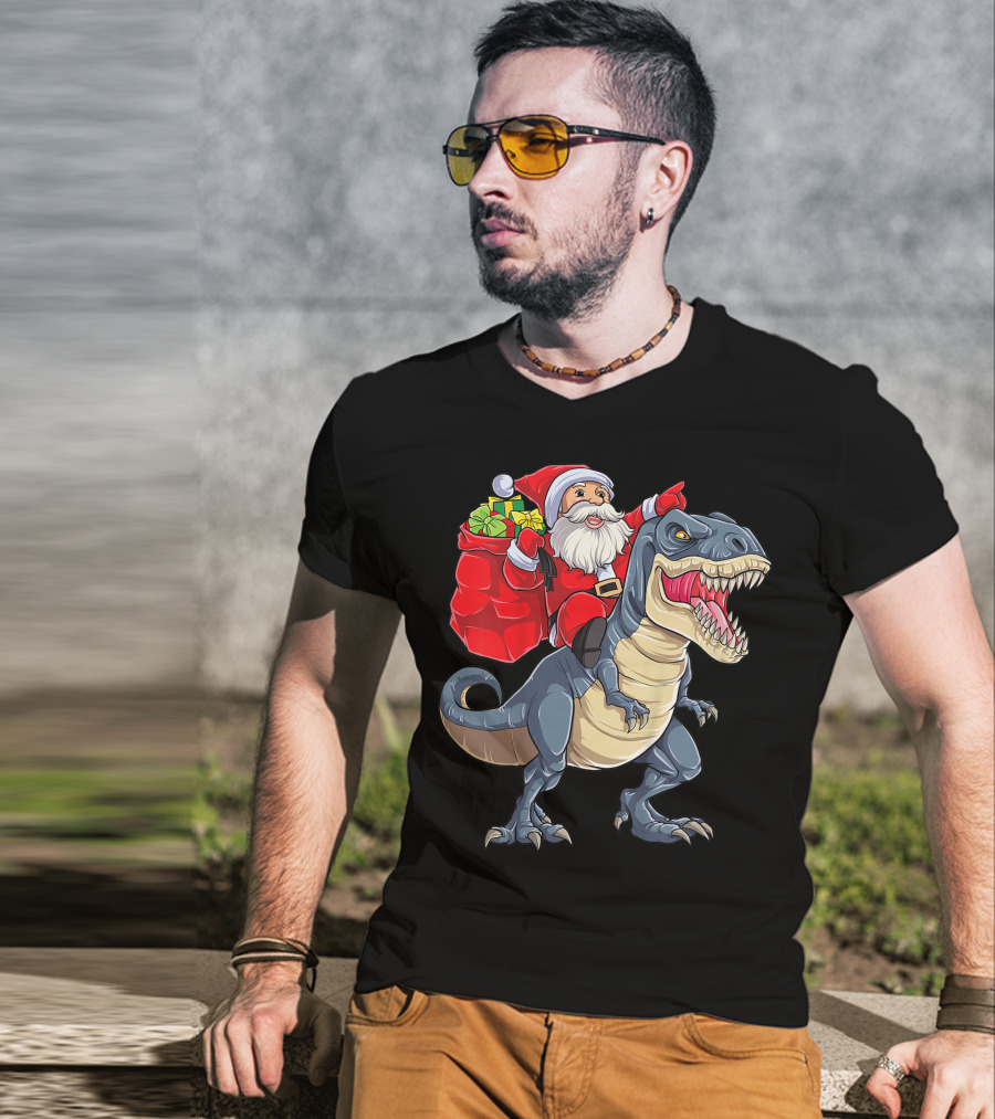 Santa Claus Riding T-Rex With Gifts T-Shirt