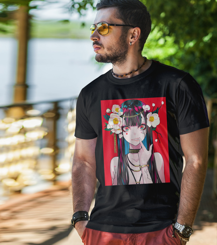 Anime Girl Japanese Aesthetic Otaku Red Background Flowers T-Shirt