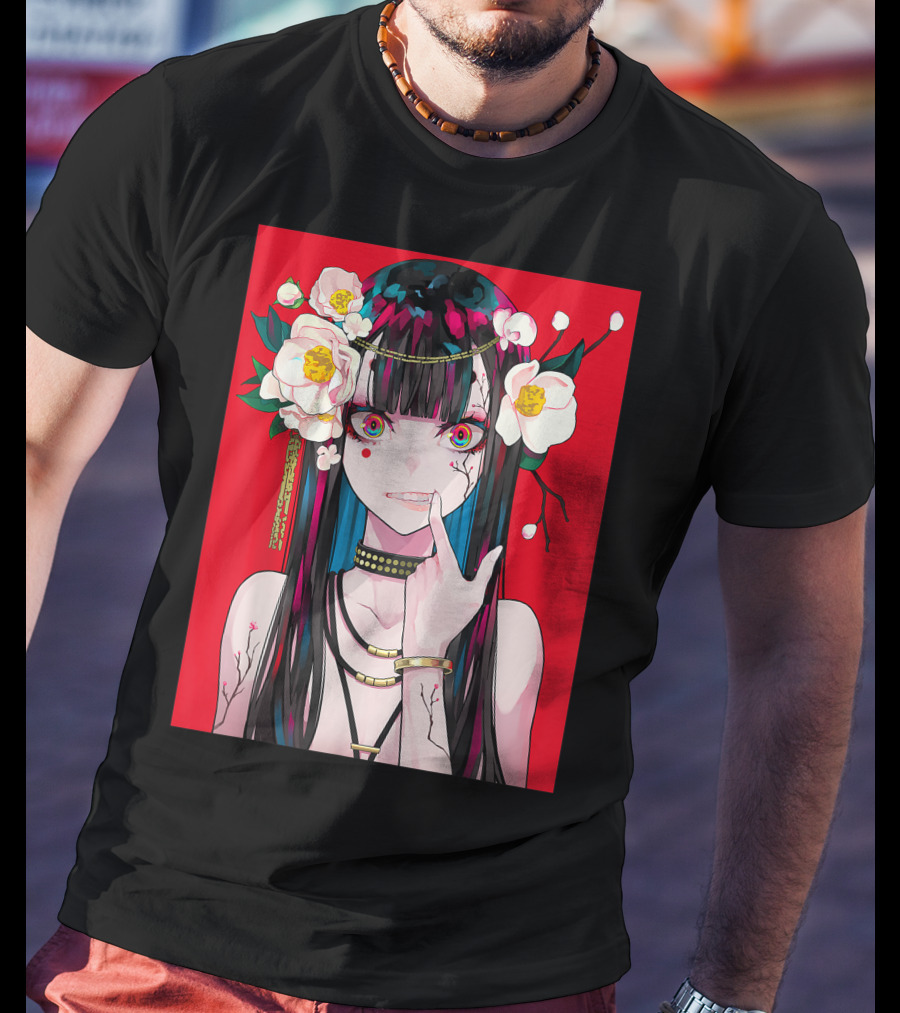 Anime Girl Japanese Aesthetic Otaku Red Background Flowers T-Shirt