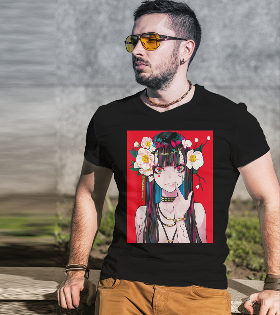 Anime Girl Japanese Aesthetic Otaku Red Background Flowers T-Shirt