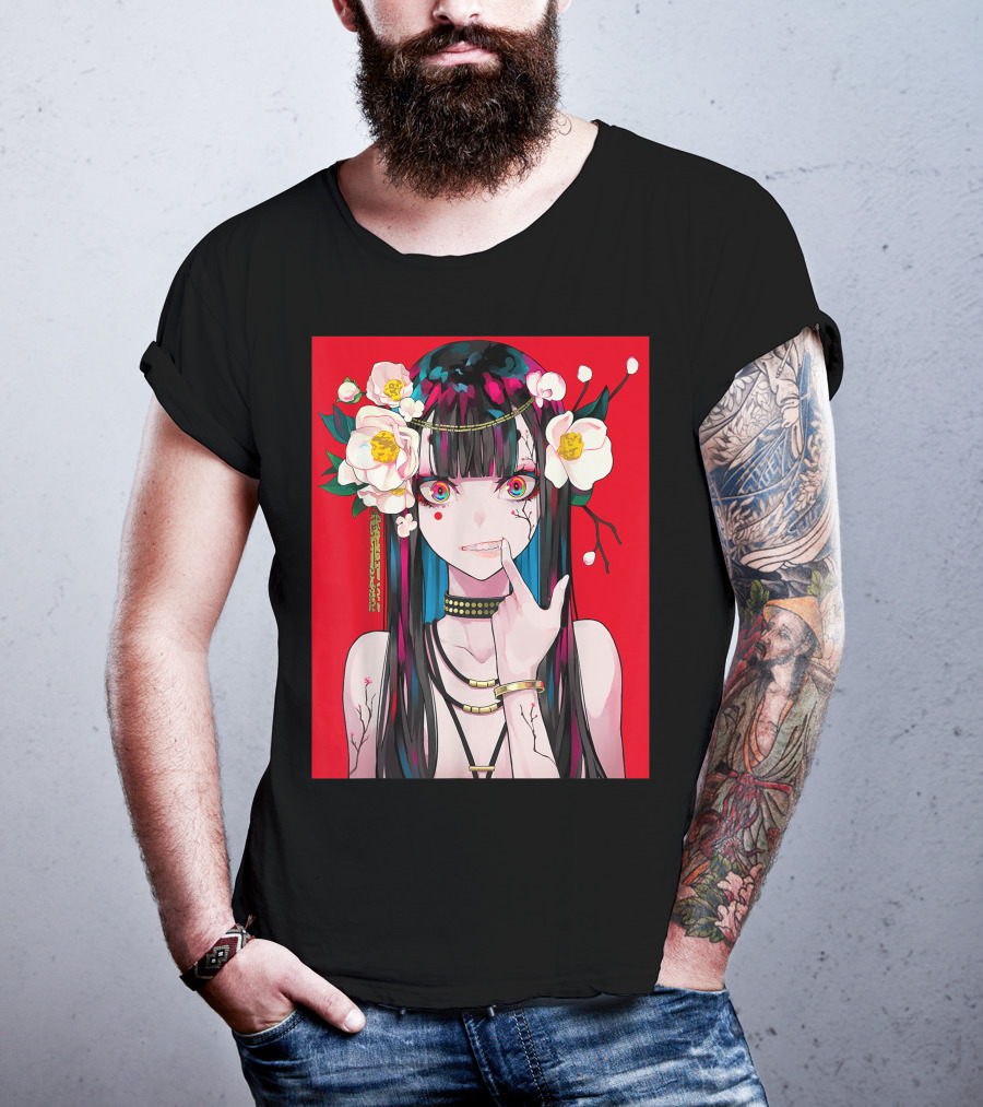 Anime Girl Japanese Aesthetic Otaku Red Background Flowers T-Shirt