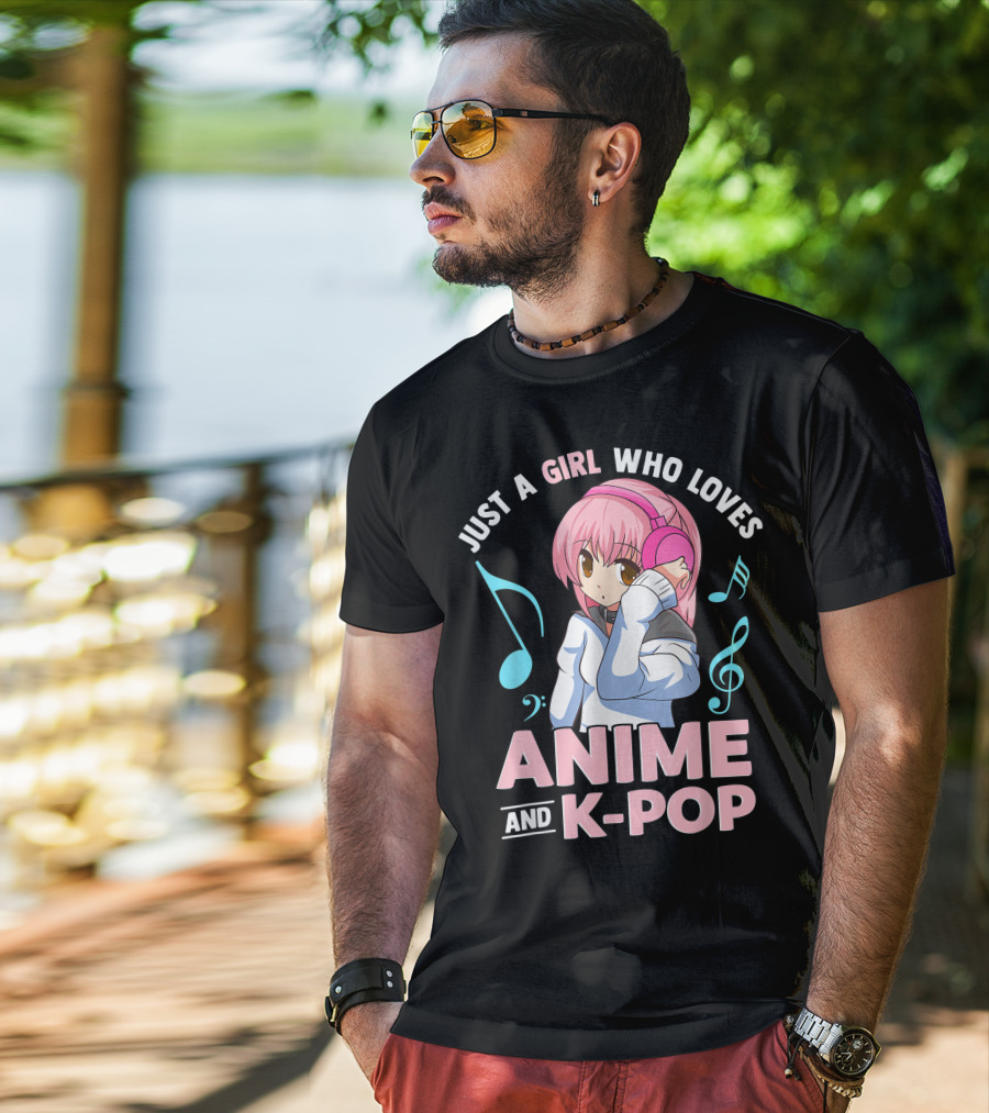 Just A Girl Who Loves Anime And K Pop With Headphones And Musical Notes T-Shirt