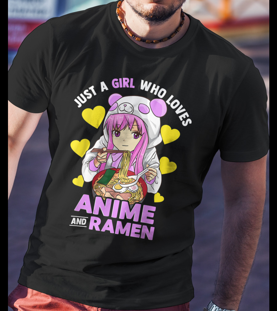 Just A Girl Who Loves Anime And Ramen Panda Hoodie Pink Hair T-Shirt