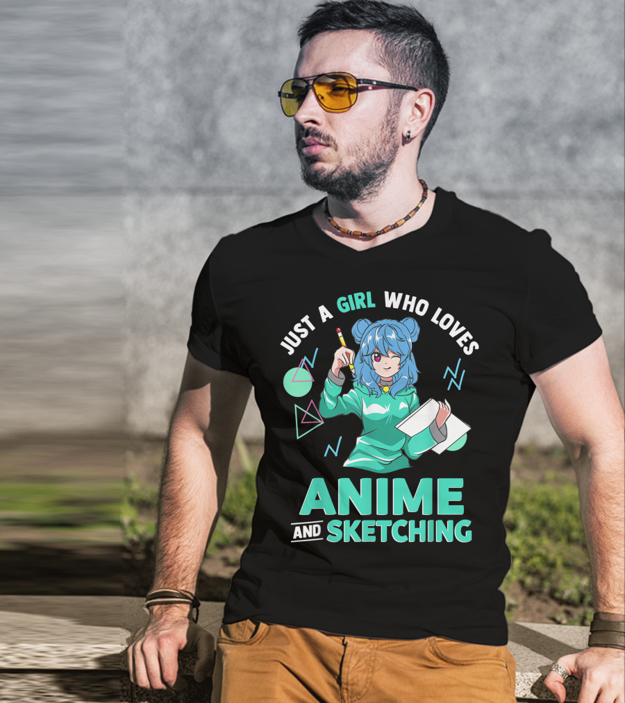 Just A Girl Who Loves Anime And Sketching Drawing Blue Hair Manga Style Character With Pen And Paper T-Shirt