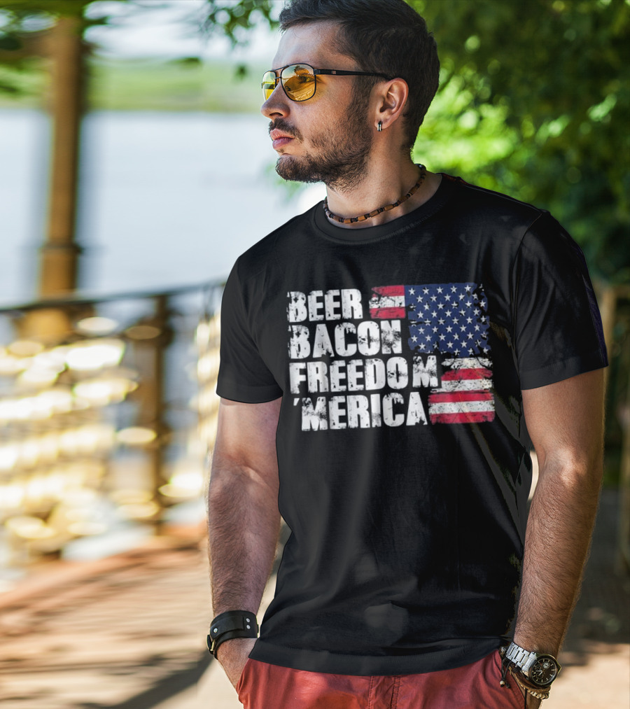 Beer Bacon Freedom Merica American Flag Patriotic T-Shirt