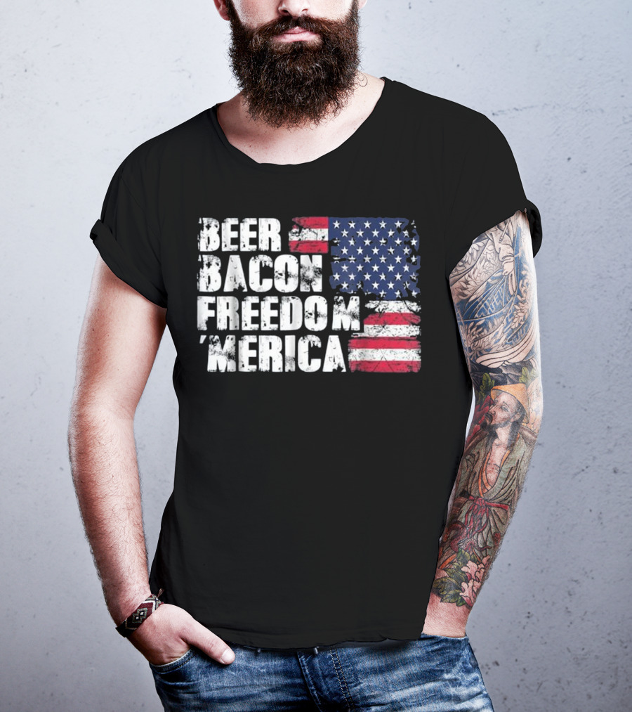 Beer Bacon Freedom Merica American Flag Patriotic T-Shirt