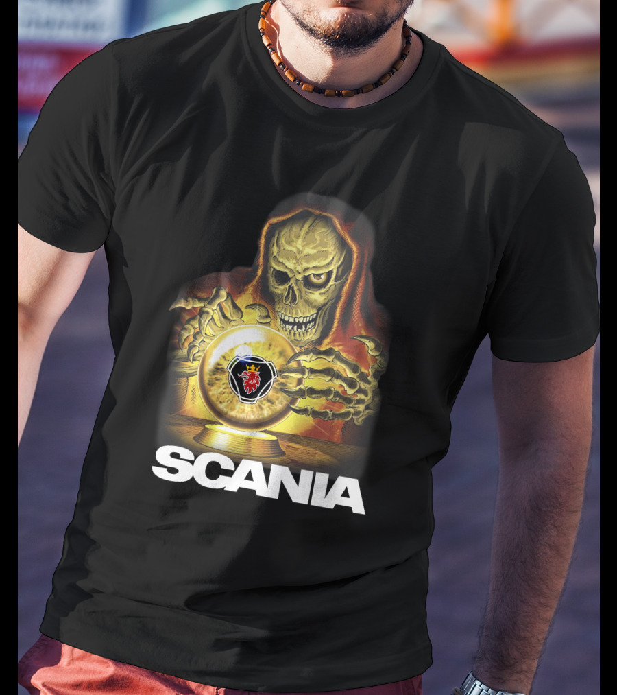 SCANIA Skeleton Hooded Figure With Crystal Ball And Red Lion Emblem T-Shirt