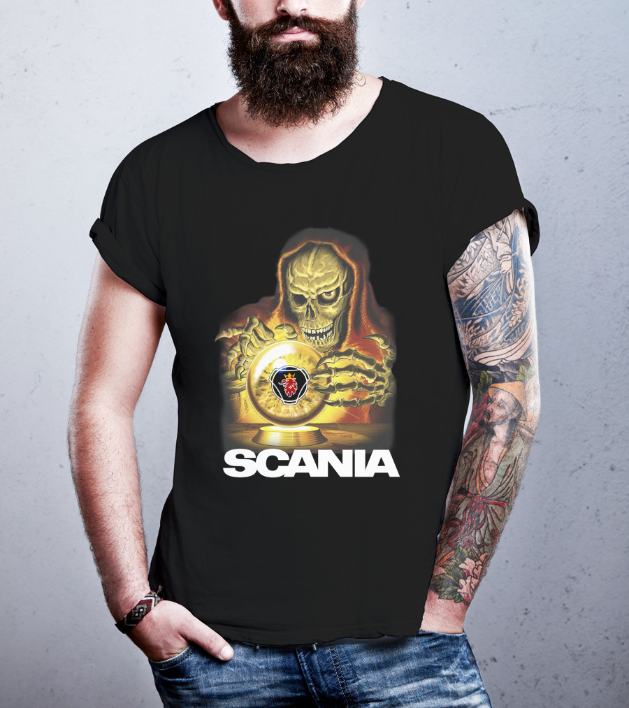 SCANIA Skeleton Hooded Figure With Crystal Ball And Red Lion Emblem T-Shirt