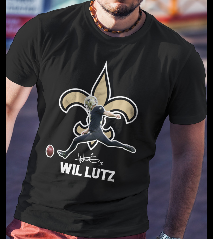 Wil Lutz New Orleans Saints Kicking Action Fleur-de-Lis T-Shirt