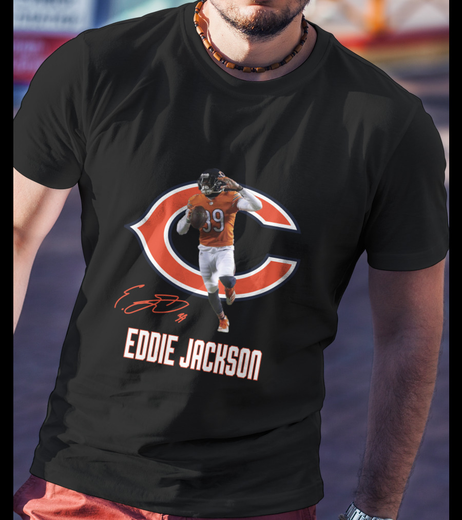 Chicago Bears Eddie Jackson 39 Signed Running Pose T-Shirt
