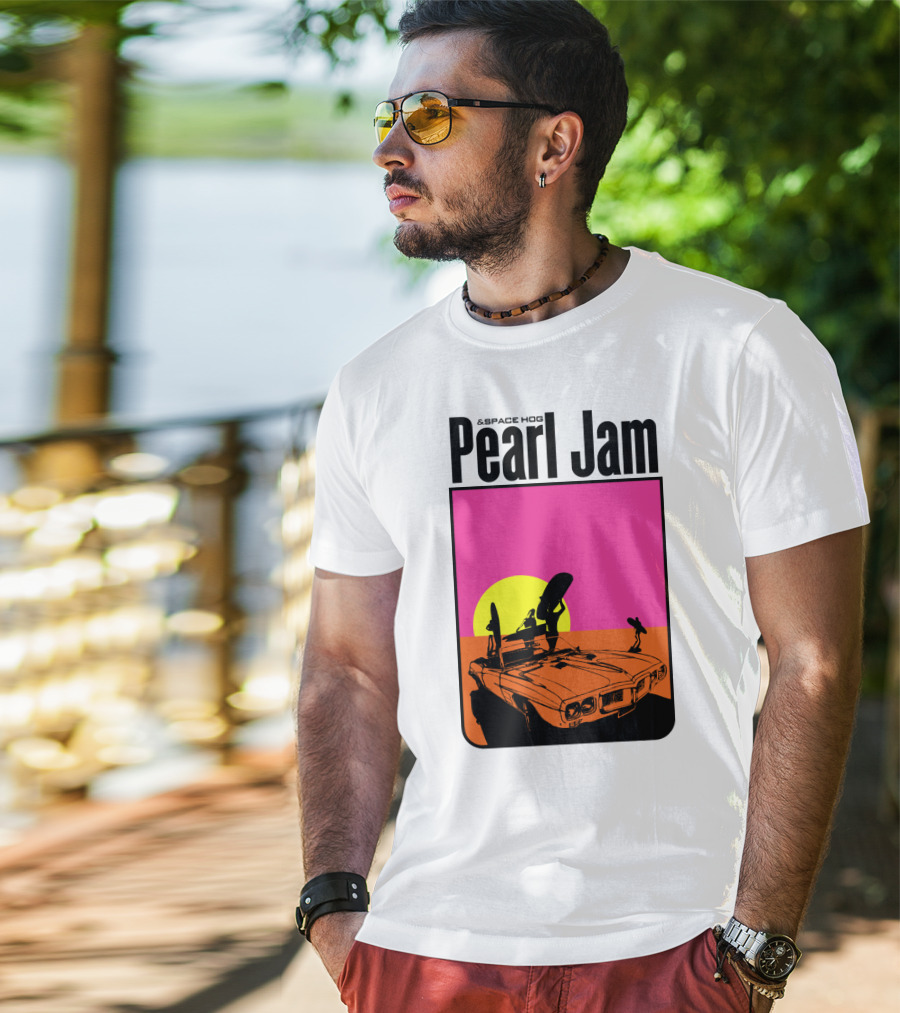 Pearl Jam & Space Hog Surfing Graphic Car Sunset T-Shirt