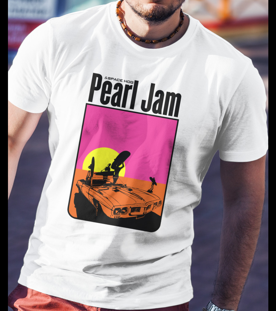 Pearl Jam & Space Hog Surfing Graphic Car Sunset T-Shirt