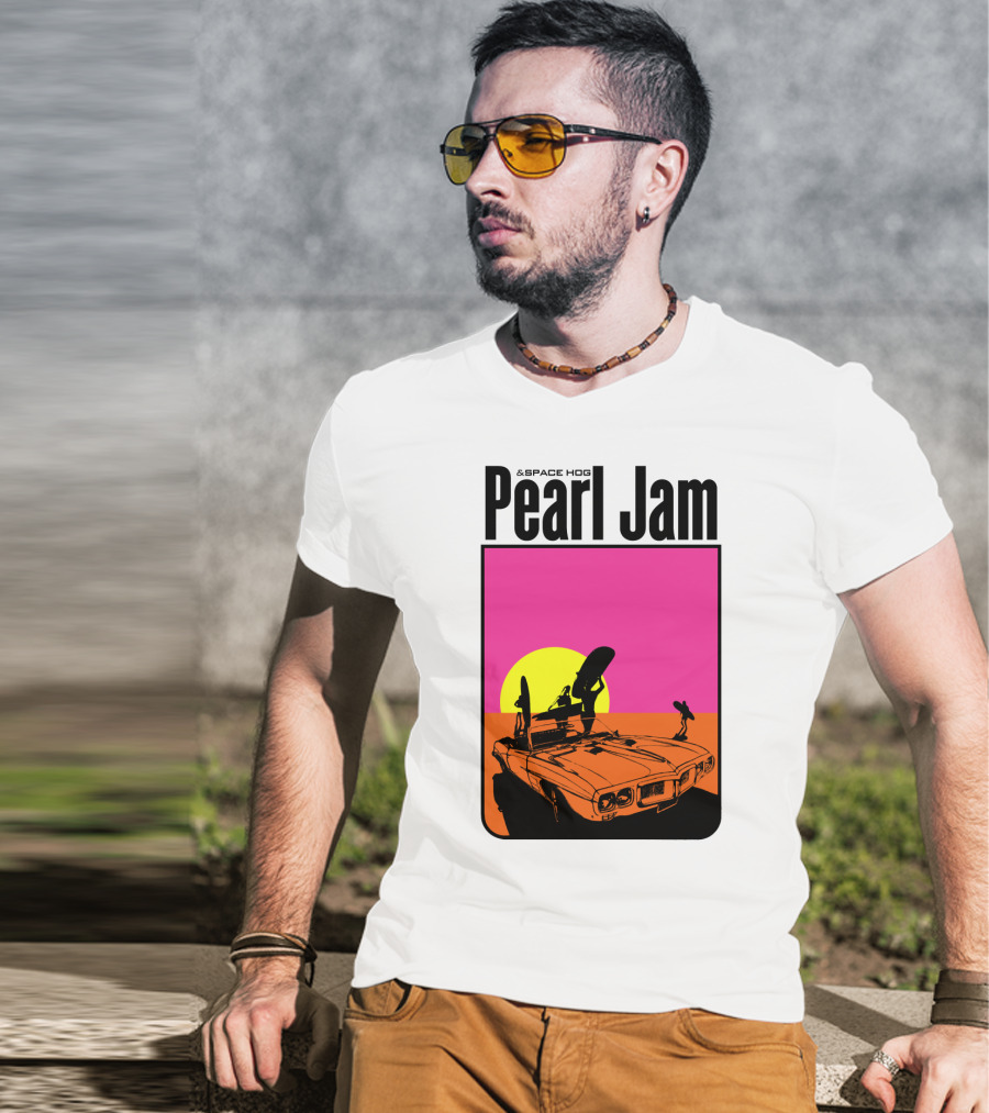 Pearl Jam & Space Hog Surfing Graphic Car Sunset T-Shirt