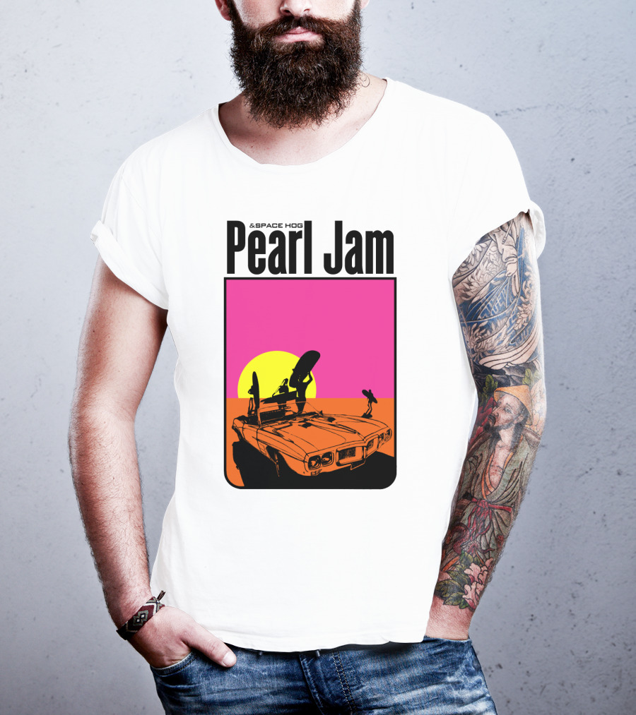 Pearl Jam & Space Hog Surfing Graphic Car Sunset T-Shirt