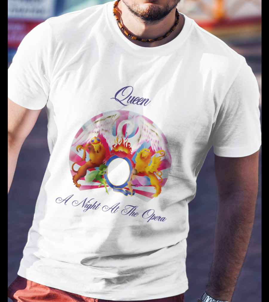 Queen A Night At The Opera Album Cover Art With Colorful Mythical Creatures And Winged Symbolism T-Shirt