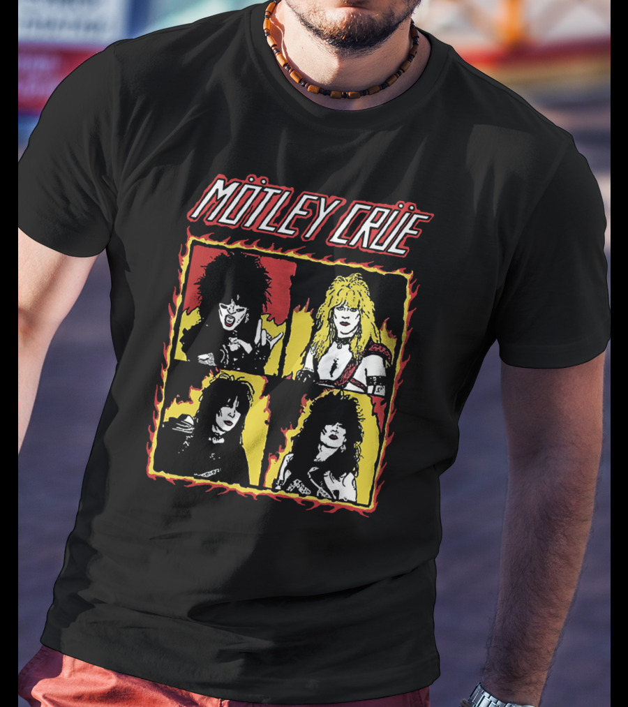 Mötley Crüe Cartoon Band Members Fire Border T-Shirt
