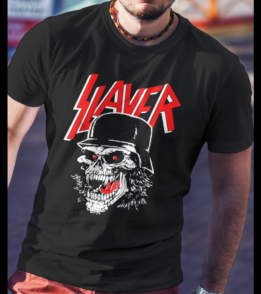 Slayer Skull With Helmet And Red Eyes T-Shirt