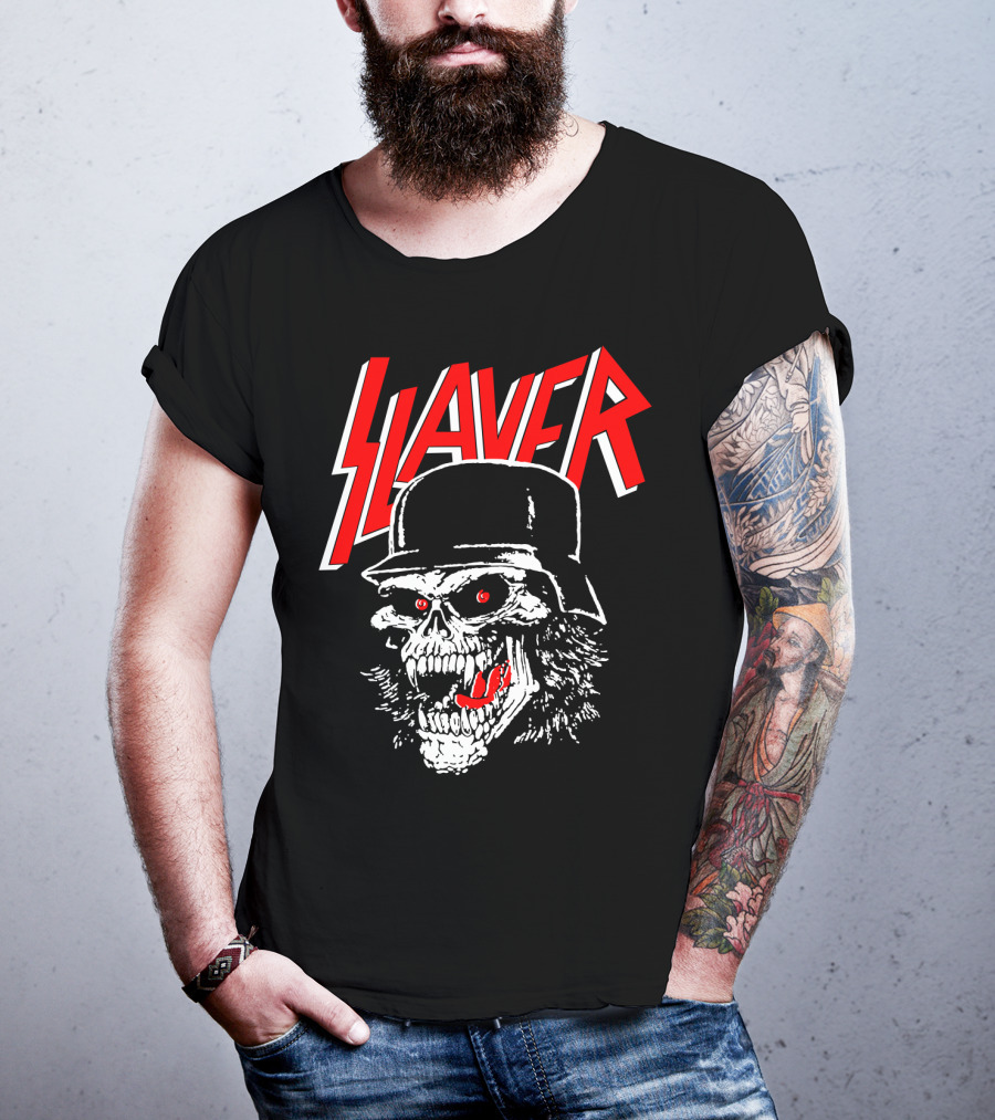 Slayer Skull With Helmet And Red Eyes T-Shirt