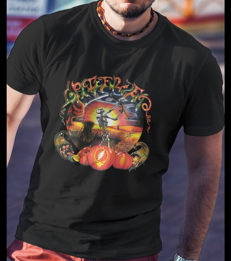 Grateful Dead Skeleton Scythe Harvest Lightning Bolt Pumpkins T-Shirt