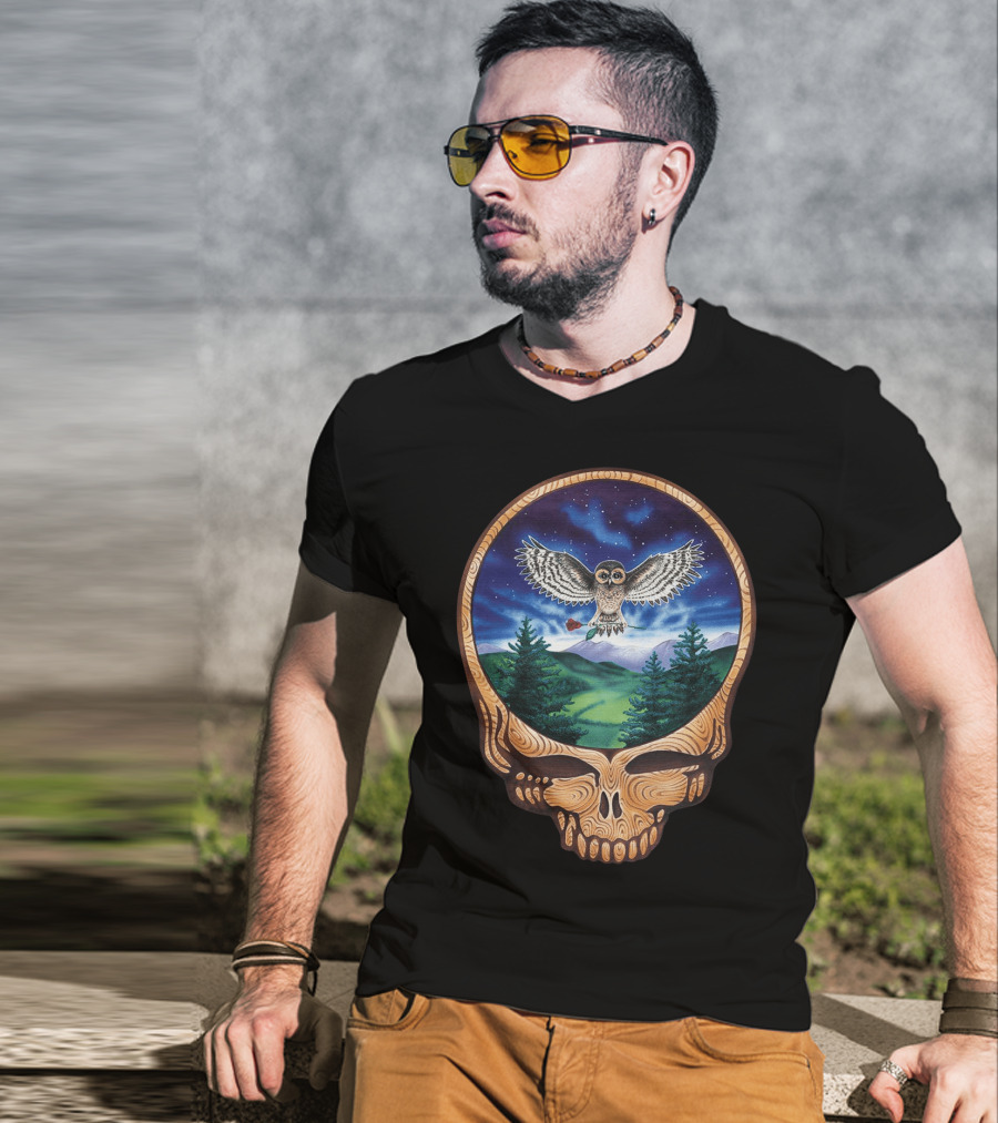 Grateful Dead Steal Your Face Owl In Night Sky Forest Scene T-Shirt