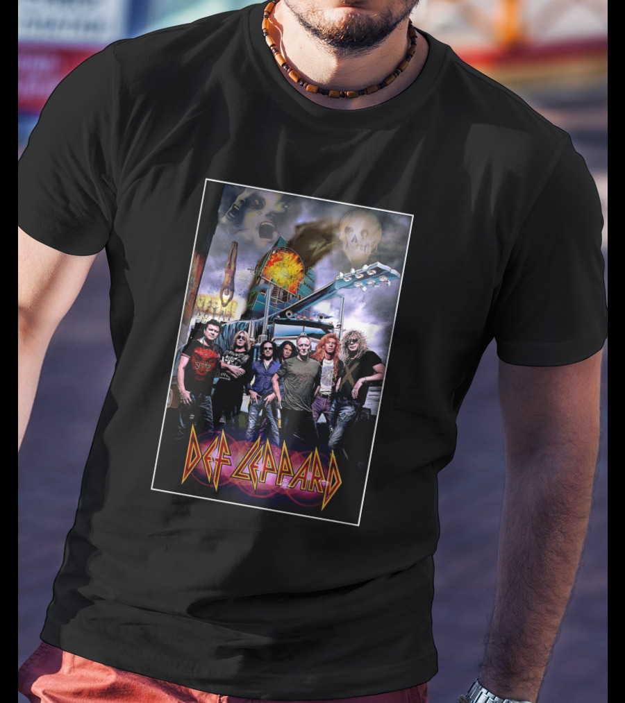 Def Leppard Band Imagery With Skull And Guitar Scene T-Shirt