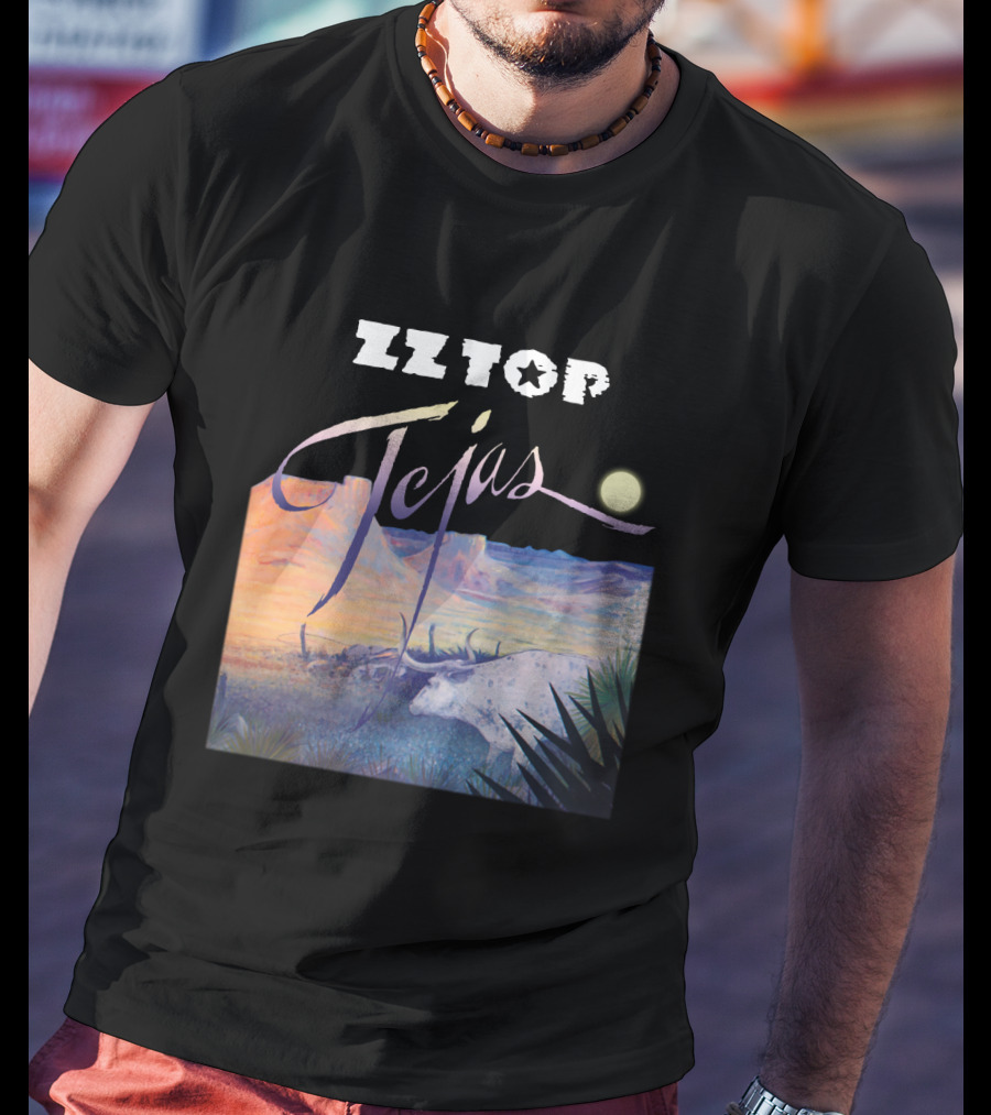 Zz Top Tejas Desert Scene With White Longhorn Under Moon T-Shirt