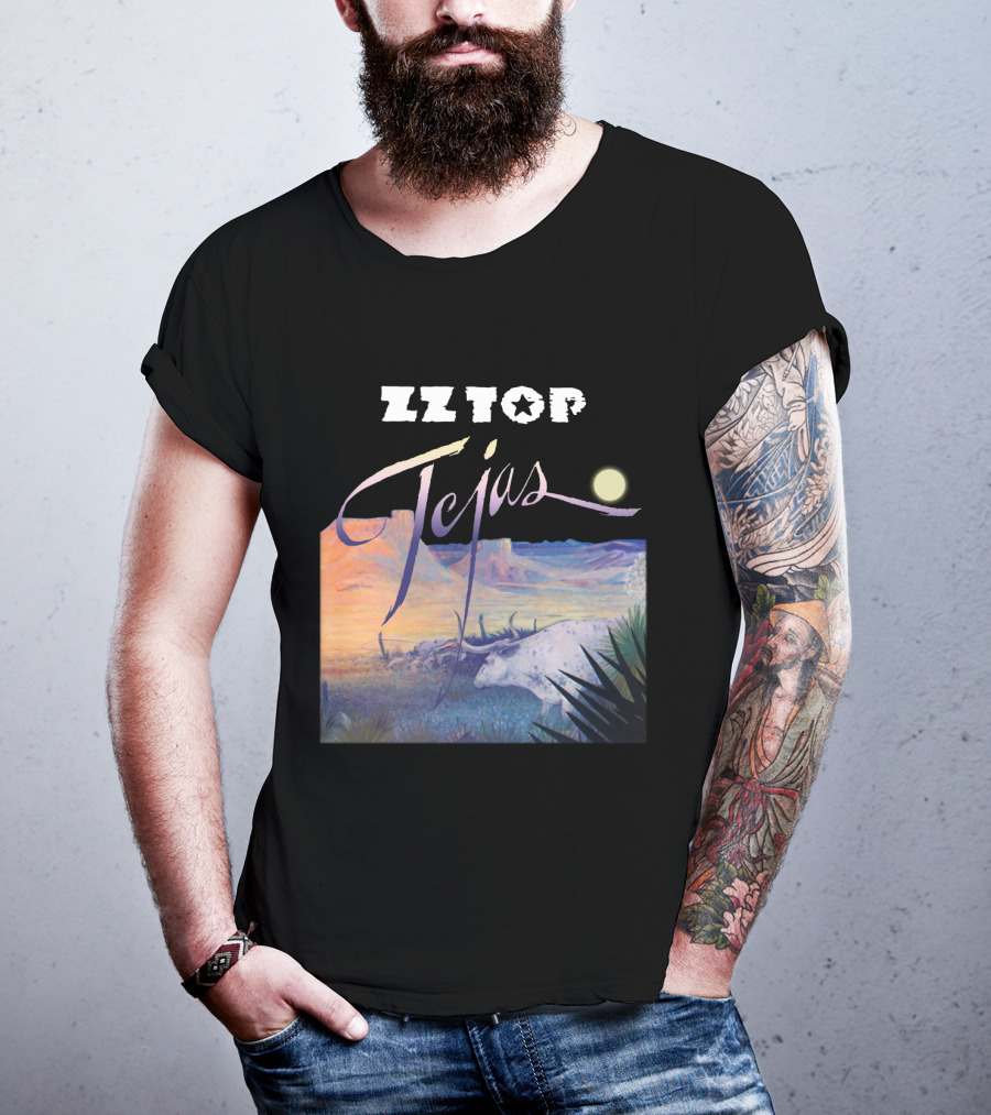 Zz Top Tejas Desert Scene With White Longhorn Under Moon T-Shirt