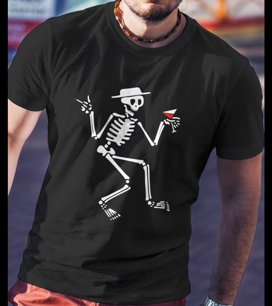 Sd 28 Dancing Skeleton With Hat Smoking Cigarette And Holding Cocktail T-Shirt