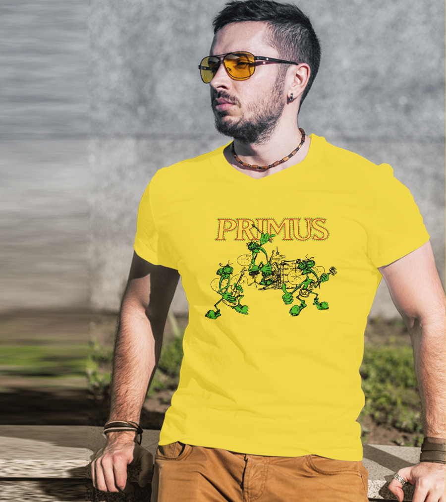 Primus Band Alien Character Drumming And Guitar Playing Scene T-Shirt